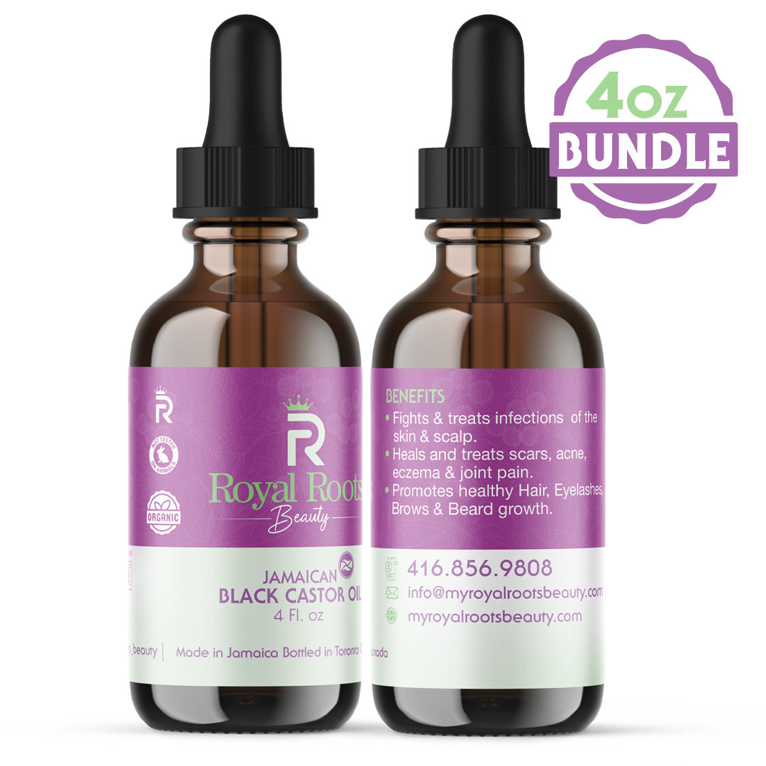 Black Castor Oil 4 ounce bundle with two bottles and benefits list showing treatment for infections, scars, acne and promotes hair growth